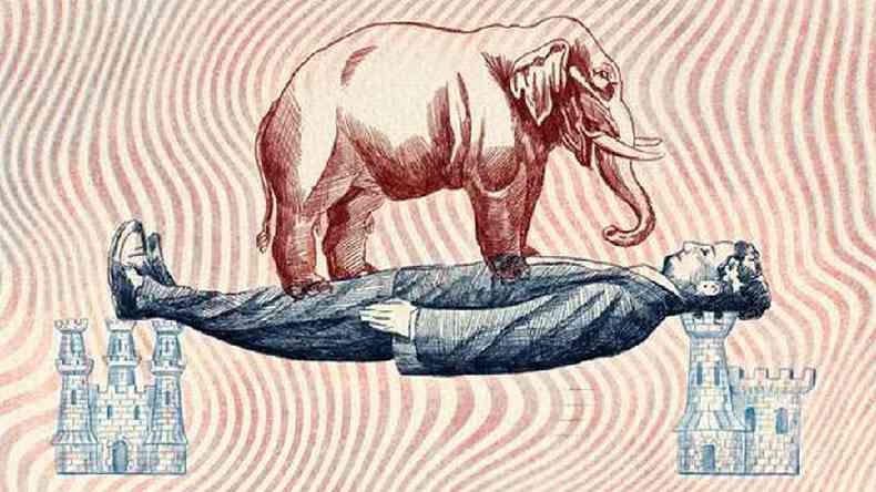 Ilustrao de um elefante, um homem deitado e duas torres