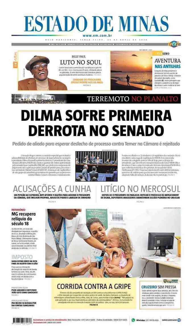 Confira a Capa do Jornal Estado de Minas do dia 26/04/2016