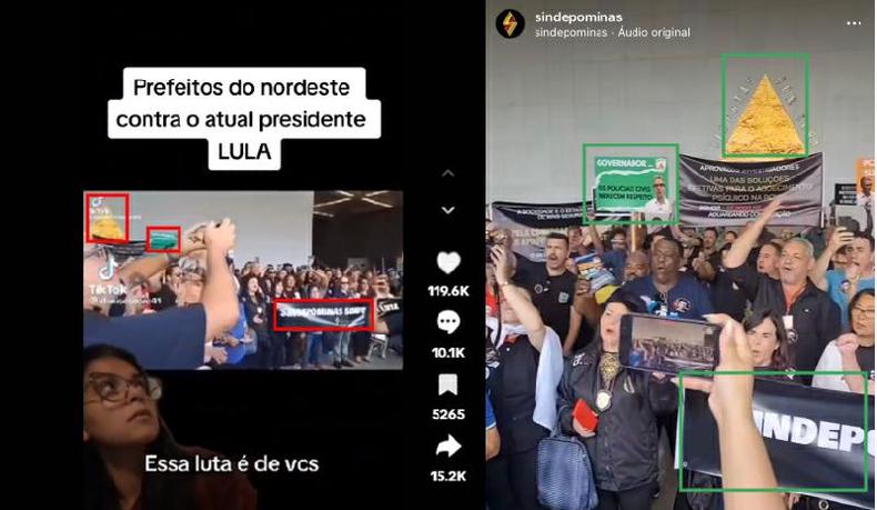 Comparação feita em 5 de setembro de 2023 entre capturas de tela do vídeo no TikTok (E) e a gravação publicada no Instagram do Sindepominas(foto: Reprodução) Comparação feita em 5 de setembro de 2023 entre capturas de tela do vídeo no TikTok (E) e a gravação publicada no Instagram do Sindepominas