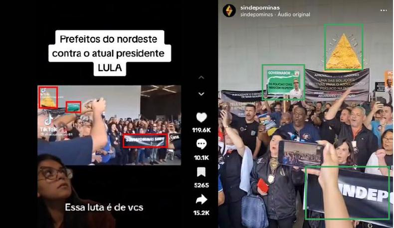 Comparao feita em 5 de setembro de 2023 entre capturas de tela do vdeo no TikTok (E) e a gravao publicada no Instagram do Sindepominas