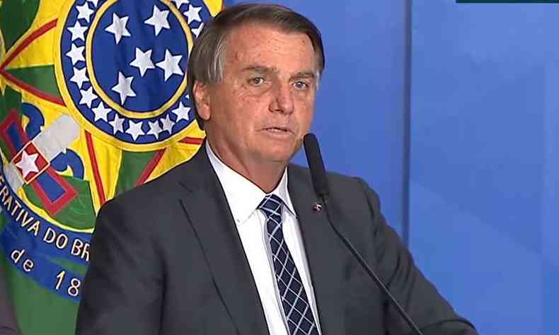 Presidente Jair Bolsonaro (sem partido) durante discurso no evento desta tera-feira (22/6) no Palcio do Planalto(foto: Reproduo/Youtube)