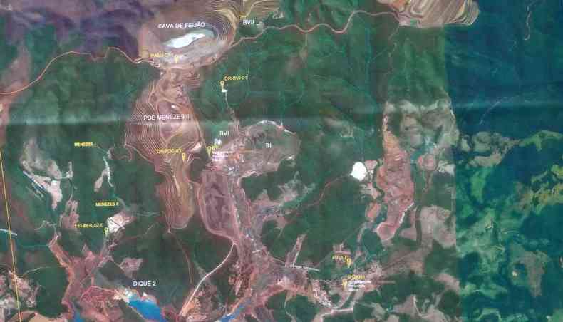 Mapa do complexo minerrio com a cava da mina e as barragens I e VI(foto: Mateus Parreiras/EM/D.A.Press)