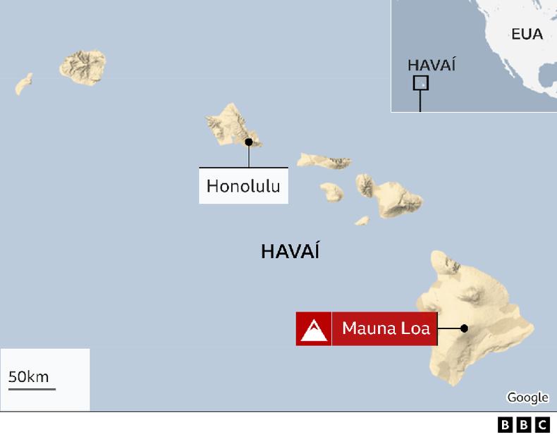 Mapa do Hava mostrando onde fica o vulco