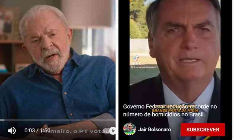 Montagem de fotos: Lula e Bolsonaro em reproduo de vdeos