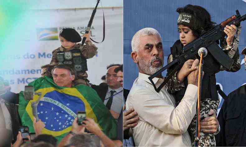 Bolsonaro em BH e o chefe do Hams, Yahya Sinwar, durante uma manifestao em Gaza
