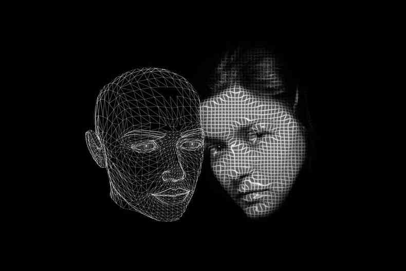 ilustrao mostra rosto de mulher desenhado no computador e foto de rosto de mulher de perfil