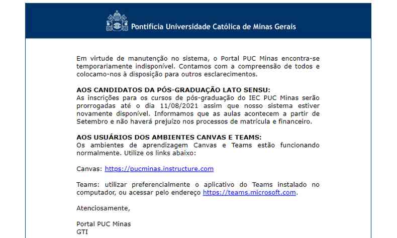 Mensagem exibida no site da PUC Minas informa os alunos sobre o problema(foto: Reproduo/PUC Minas)