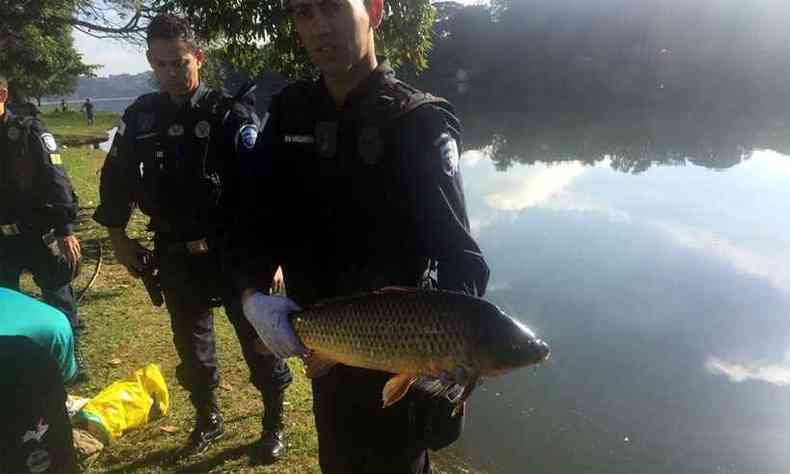 Ao ser abordado pelos guardas, o homem j estava com 20 peixes(foto: Guarda Municipal/Divulgao)
