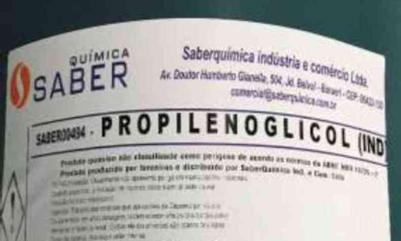 Rtulo de propilenoglicol vendido pela Saber Qumica Indstria e Comrcia Ltda