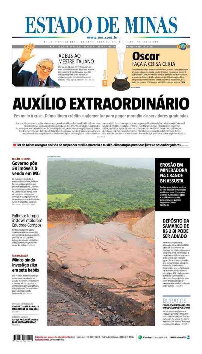 Confira a Capa do Jornal Estado de Minas do dia 20/01/2016