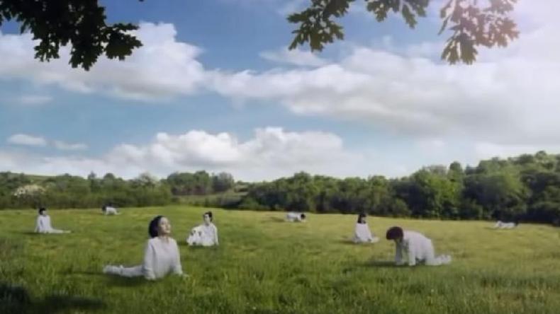Uma captura de tela do polmico anncio do Seoul Milk - mulheres fazendo ioga no campo