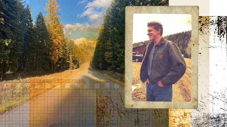 Montagem de Dakota com cabelo curto e um cenrio de montana