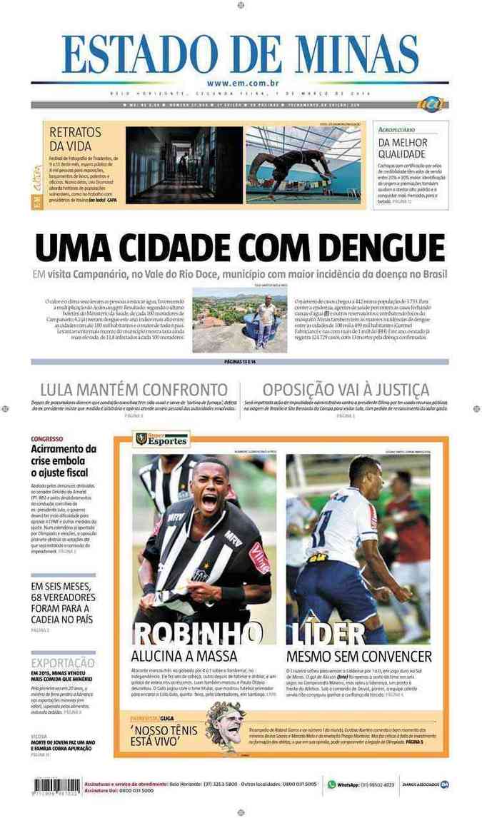 Confira a Capa do Jornal Estado de Minas do dia 07/03/2016