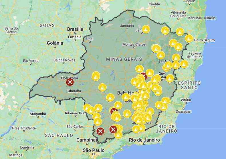 Mapa de interdies em rodovias em Minas Gerais, administrado pela Polcia Rodoviria Federal e a Polcia Militar Rodoviria