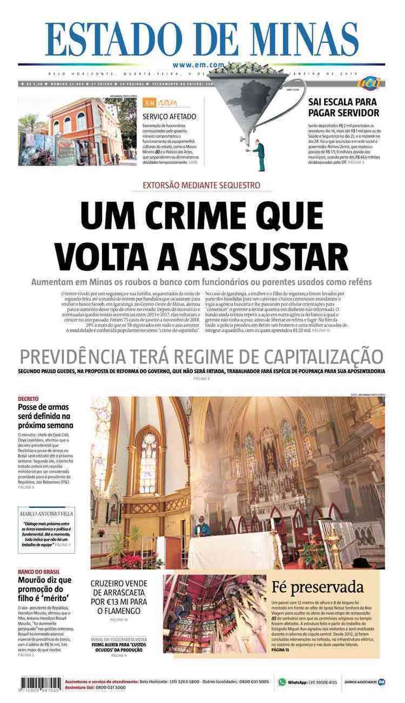 Confira a Capa do Jornal Estado de Minas do dia 09/01/2019(foto: Estado de Minas)