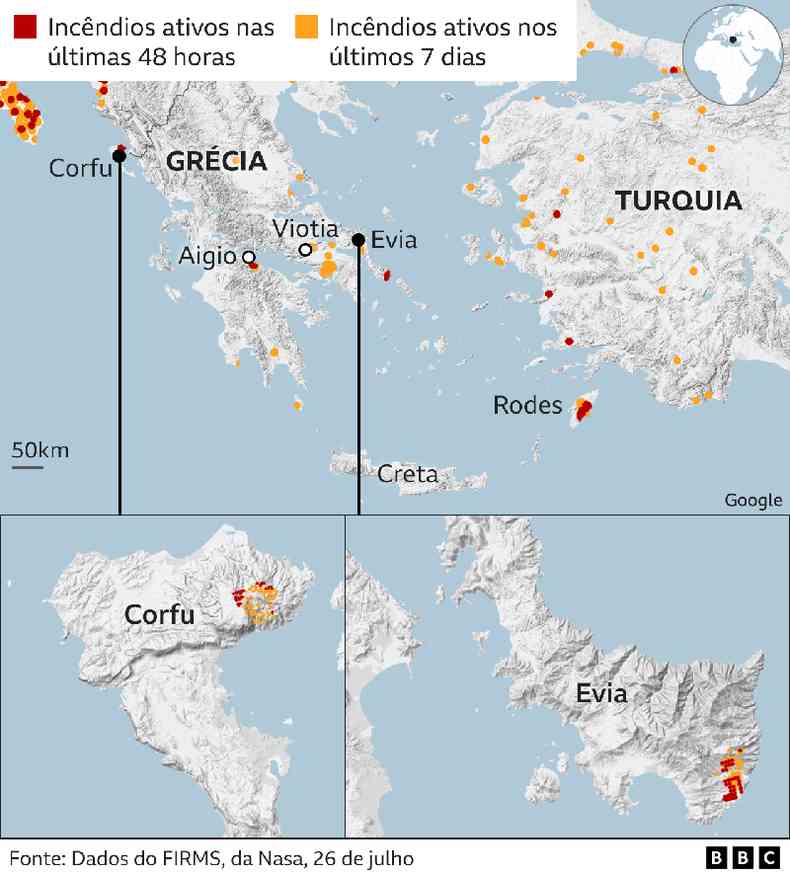 Mapas mostram evoluo dos focos de incndio na Grcia