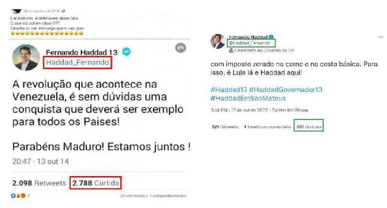 Comparao feita em 17 de outubro de 2022 entre uma publicao no Facebook (E) e um tute de Haddad em sua conta oficial ( .)