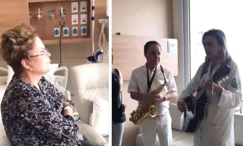 Nas imagens, ao lado de Ludhmila, o mdico cardiologista Roberto Kalil Filho tambm aparece tocando um saxofone(foto: Redes Sociais/Reproduo)
