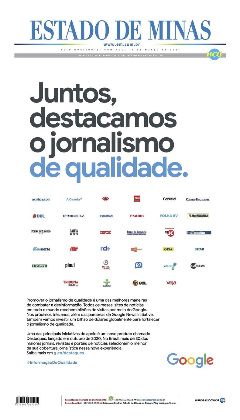 Confira a Capa do Jornal Estado de Minas do dia 14/03/2021(foto: Estado de Minas)