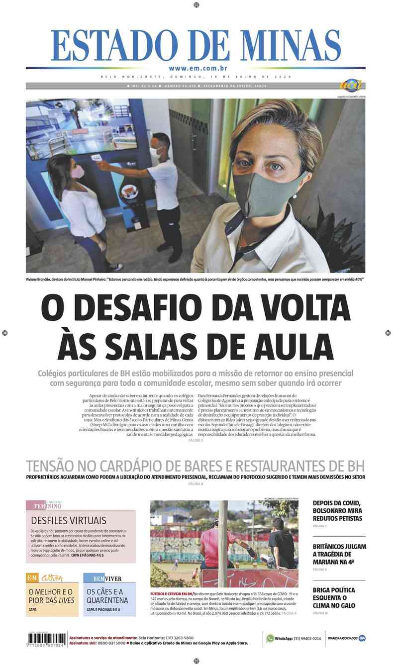 Confira a Capa do Jornal Estado de Minas do dia 19/07/2020(foto: Estado de Minas)