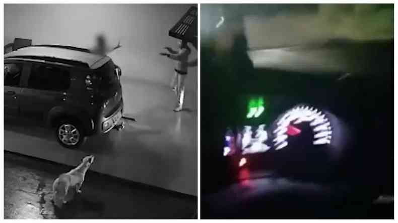 Imagens da câmera de segurança (à esquerda) e do vídeo postado pelo suspeito nas redes (à direita)