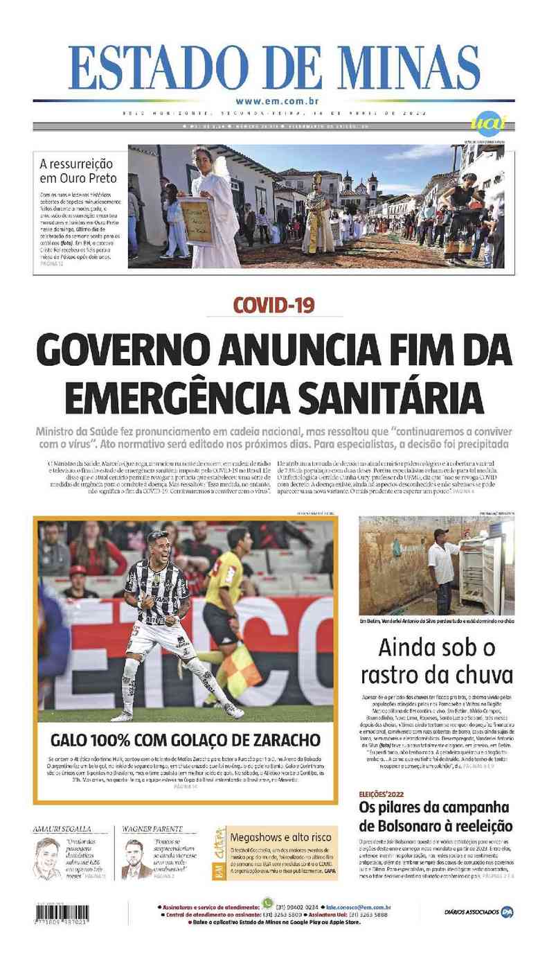 Confira a Capa do Jornal Estado de Minas do dia 18/04/2022