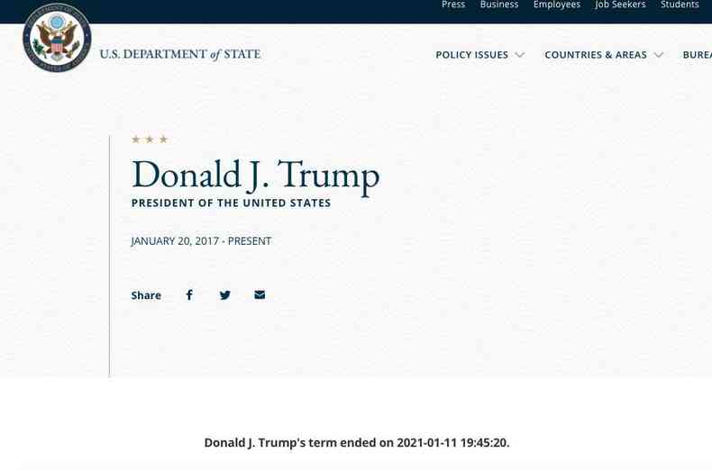 Site oficial do governo dos EUA mostra mandato de Trump se encerrando nesta segunda-feira(foto: Reproduo/state.gov)