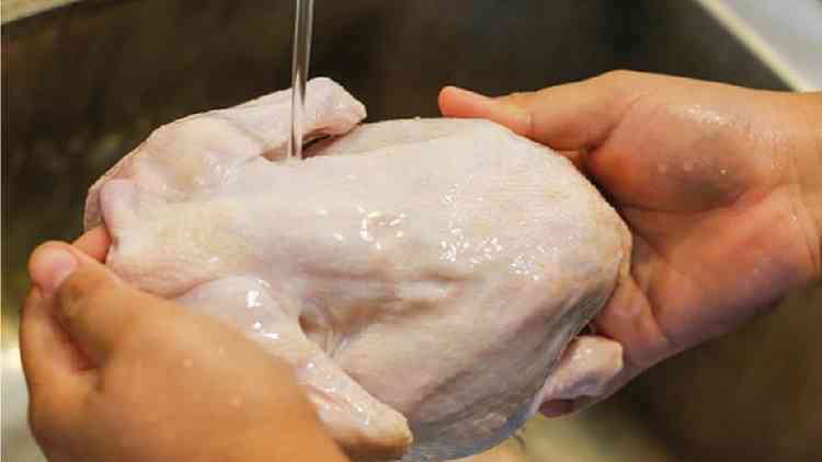 Pessoa lavando frango cru