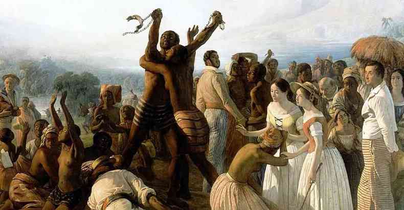 Pintura mostra negros que se abraçam com o fim da escravidão