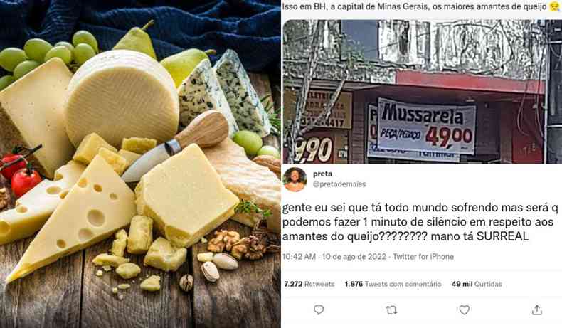 Montagem de fotos de queijos e reclamações do preço 