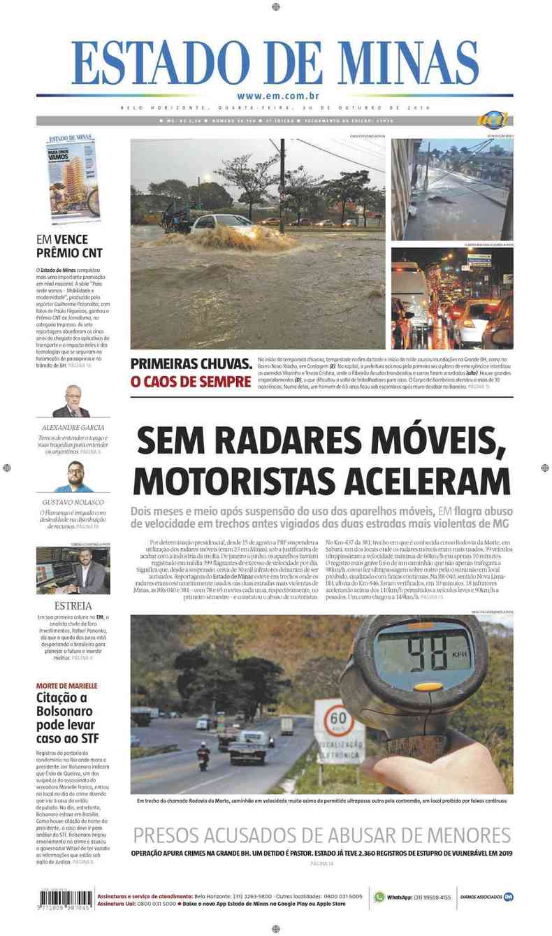 Confira a Capa do Jornal Estado de Minas do dia 30/10/2019(foto: Estado de Minas)