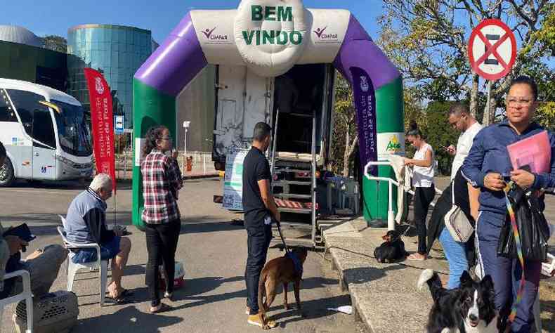 Animais aguardando na fila com seus donos