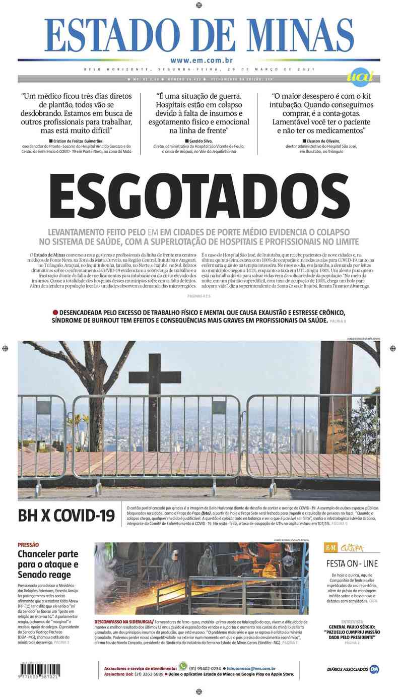 Confira a Capa do Jornal Estado de Minas do dia 29/03/2021(foto: Estado de Minas)