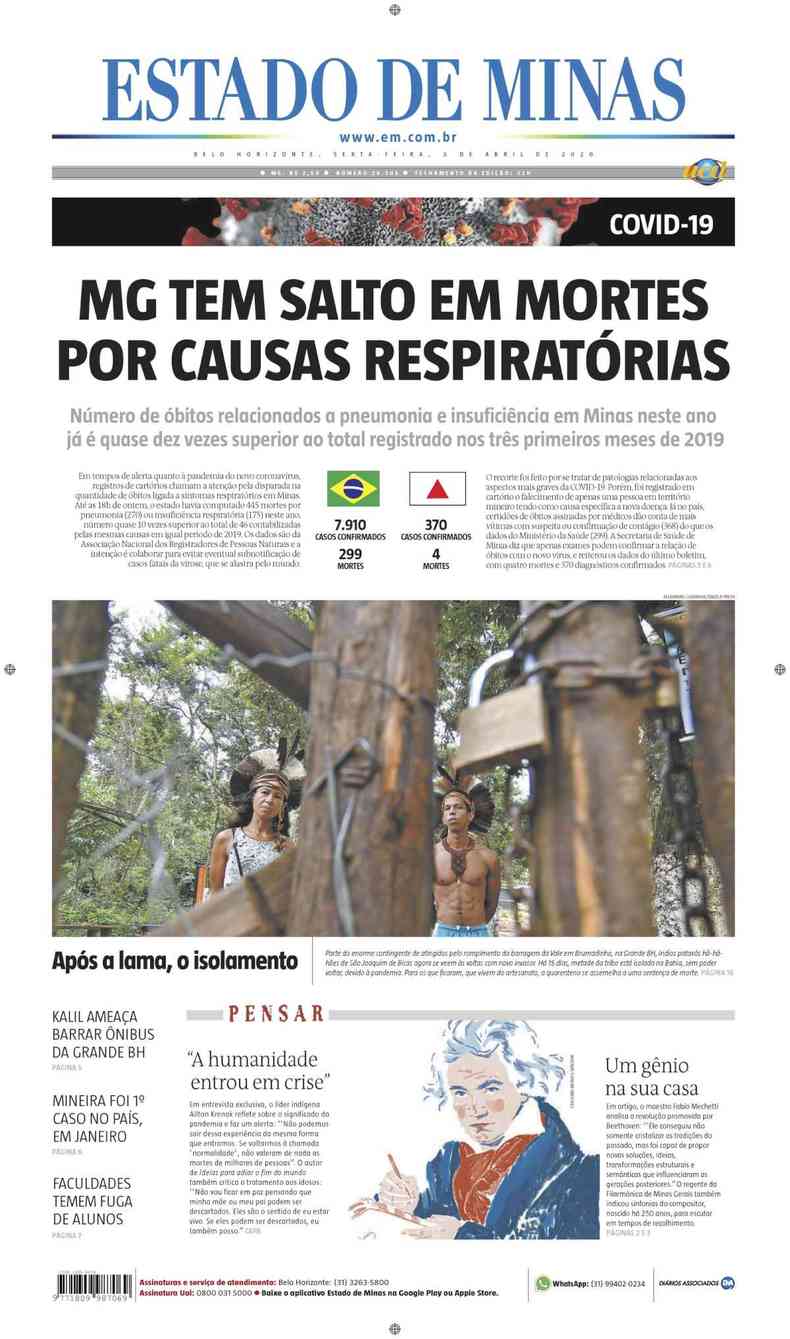 Confira a Capa do Jornal Estado de Minas do dia 03/04/2020(foto: Estado de Minas)
