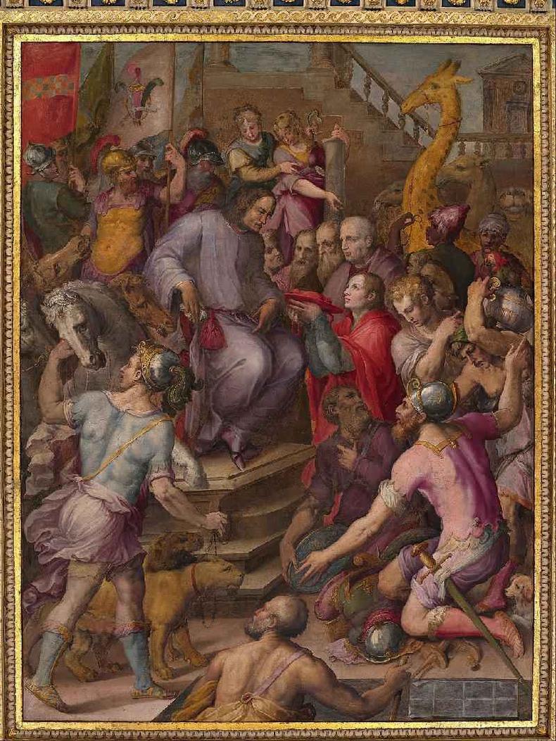 Quadro de Giorgio Vasari 'Lorenzo, o Magnfico, recebe homenagem dos embaixadores' (1556-8) mostra girafa