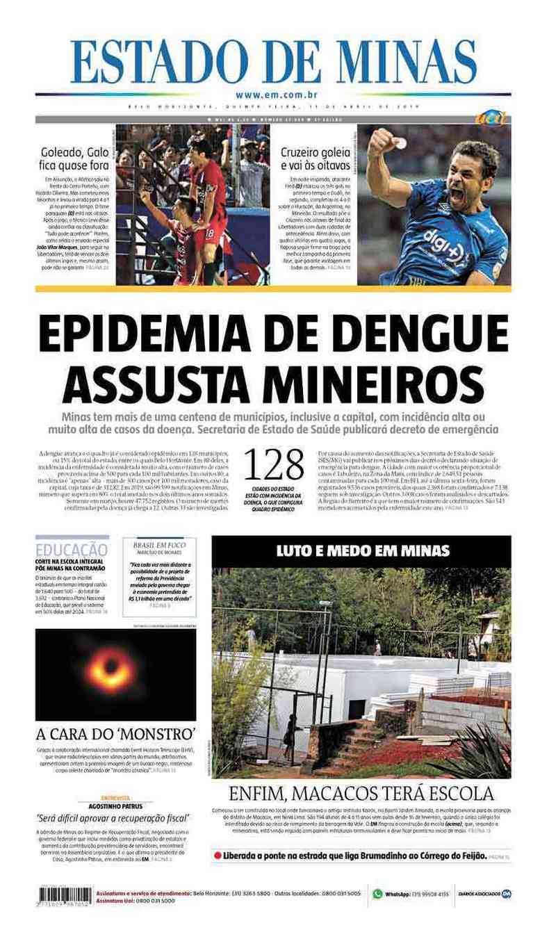 Confira a Capa do Jornal Estado de Minas do dia 11/04/2019(foto: Estado de Minas)