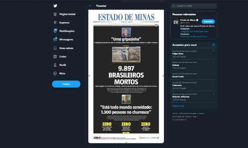 (foto: Capa do jornal Estado de Minas de 9 de maio sobre COVID-19 e churrasco marcado por Bolsonaro)
