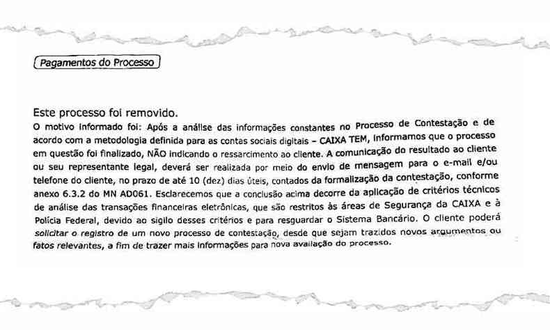 Carta enviada pela Caixa negando devolução de dinheiro para vítima de golpe de saque no FGTS(foto: Reprodução)