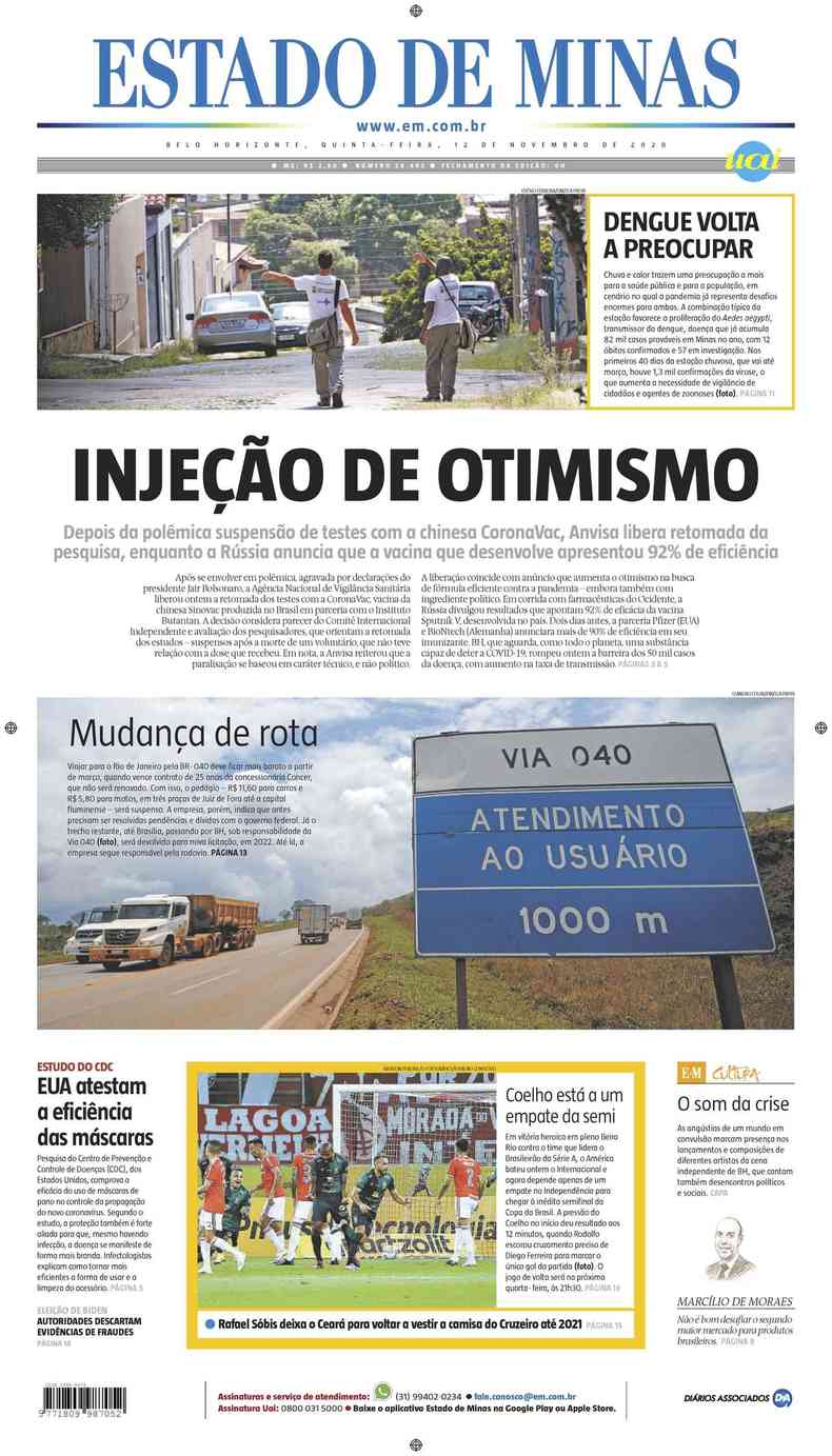 Confira a Capa do Jornal Estado de Minas do dia 12/11/2020(foto: Estado de Minas)