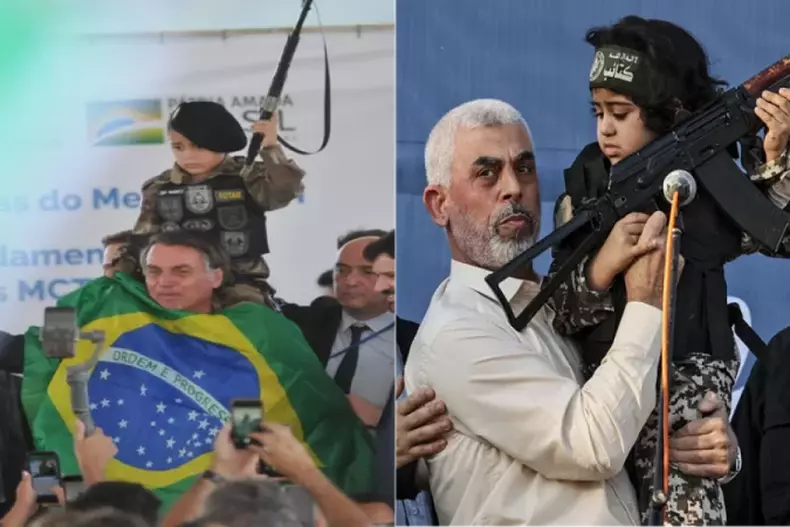 Bolsonaro em BH e o chefe do Hams, Yahya Sinwar, durante uma manifestao em Gaza