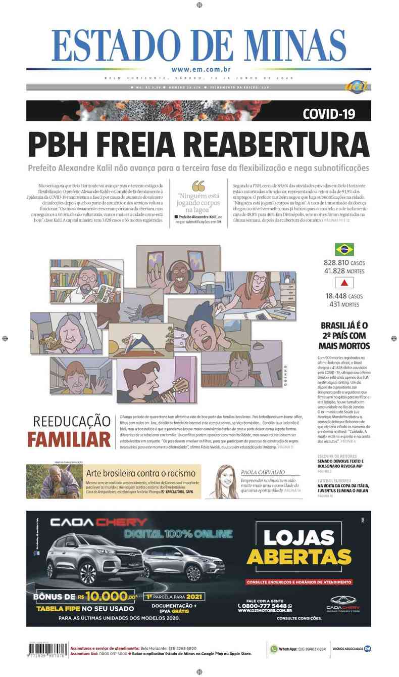Confira a Capa do Jornal Estado de Minas do dia 13/06/2020(foto: Estado de Minas)