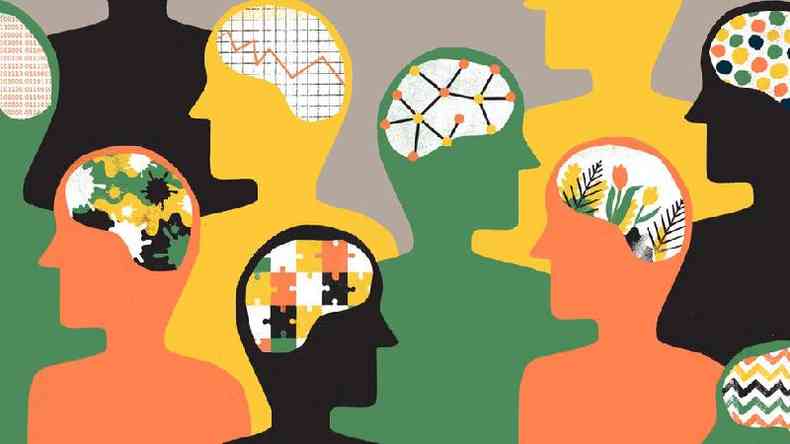 Ilustrao mostra diversas pessoas, com cores diferentes e mecanismos diferentes no lugar do crebro, como engrenagens, flores ou peas de quebra-cabea