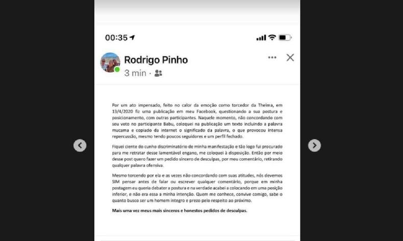 print com mensagem de Rodrigo Pinho divulgado nos Stories de Thelma, no Instagram