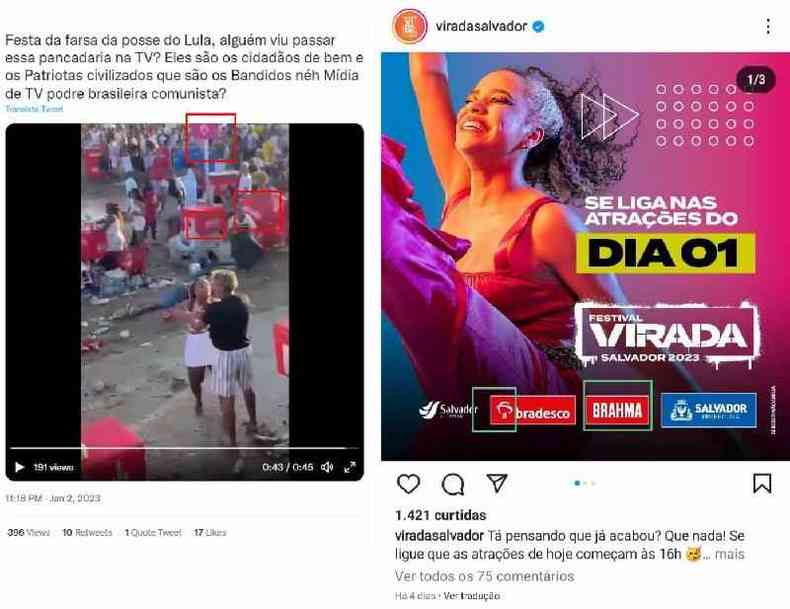 Comparao feita em 5 de janeiro de 2023 das logomarcas vistas no vdeo viral publicado no Twitter (E) e as exibidas na publicao do Festival Virada Salvador no Instagram