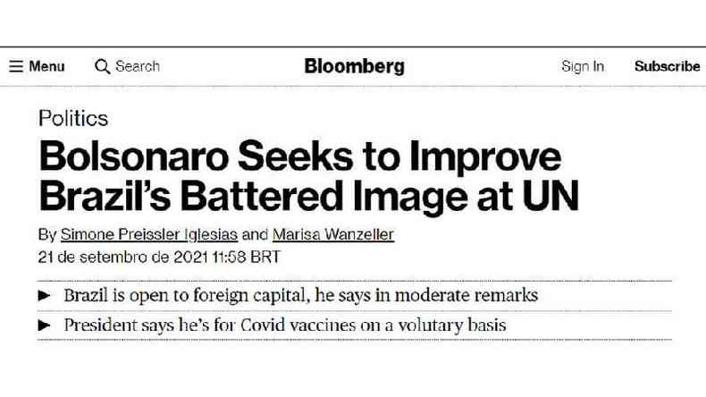 'Bolsonaro tenta melhorar a combalida imagem do Brasil na ONU', disse a Bloomberg
