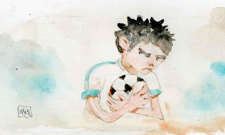 ilustrao mostra garoto segurando bola de futebol, olhando ameaadoramente para o lado