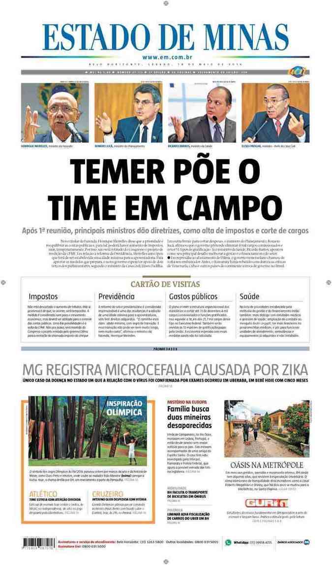 Confira a Capa do Jornal Estado de Minas do dia 14/05/2016