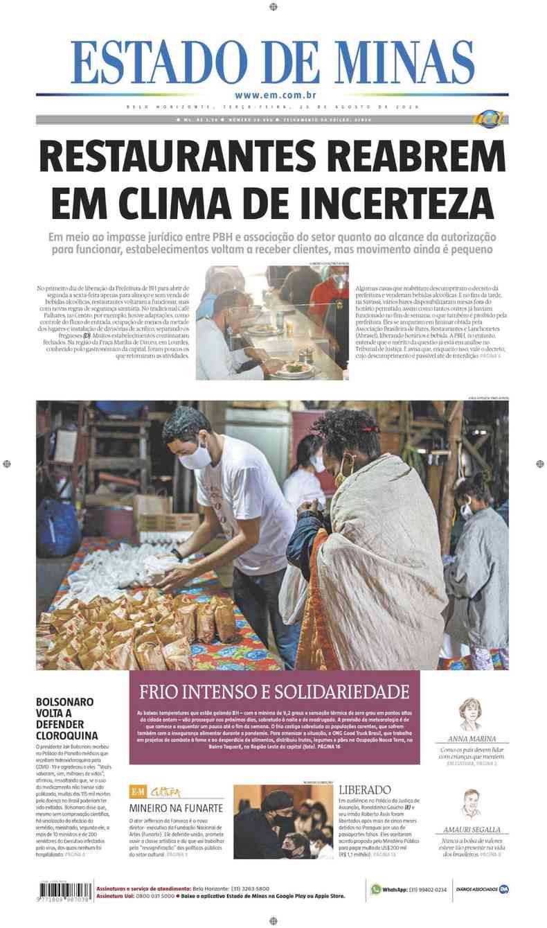 Confira a Capa do Jornal Estado de Minas do dia 25/08/2020(foto: Estado de Minas)