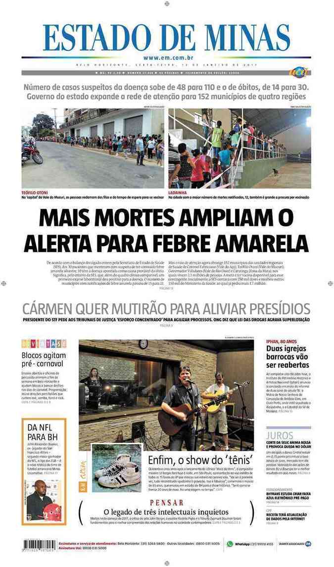 Confira a Capa do Jornal Estado de Minas do dia 13/01/2017