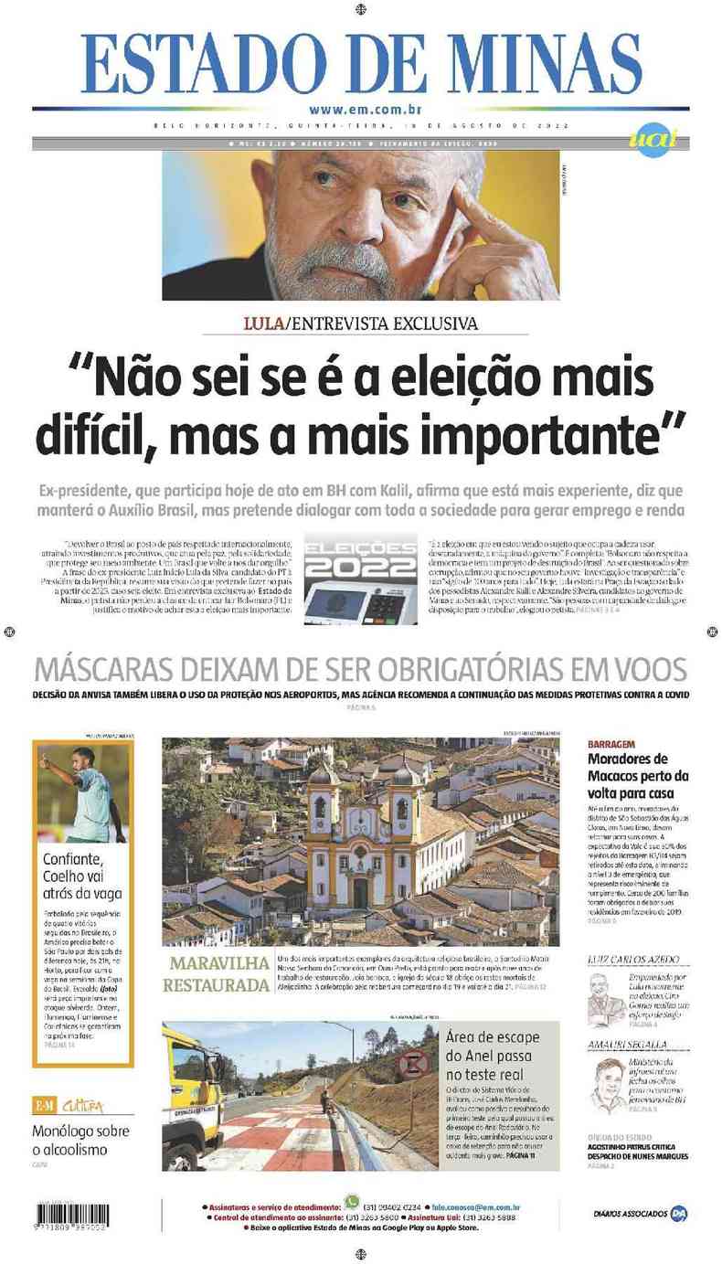 Confira a Capa do Jornal Estado de Minas do dia 18/08/2022